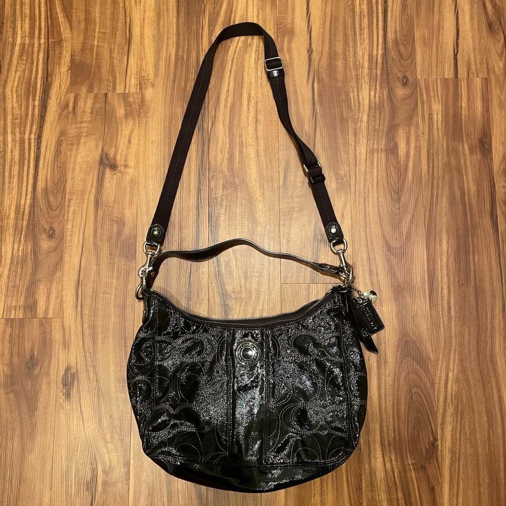 Coach Black Patent Leather Hobo with Crossbody Strap Bag